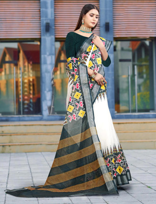 HangerStories Woven Kanjivaram Pure Cotton, Cotton Linen Saree(White, Black)