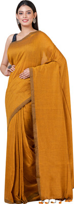 Durga Handlooms Solid/Plain Handloom Cotton Linen Saree(Yellow)