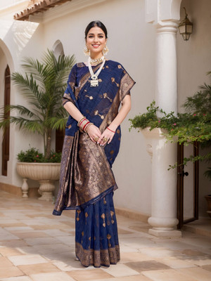 ANOUK Woven, Self Design Chanderi Linen Saree(Dark Blue)