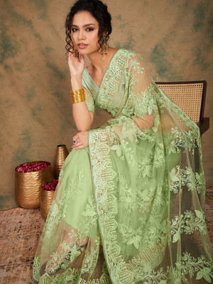 Sangria Embroidered Kalamkari Net Saree(Green)