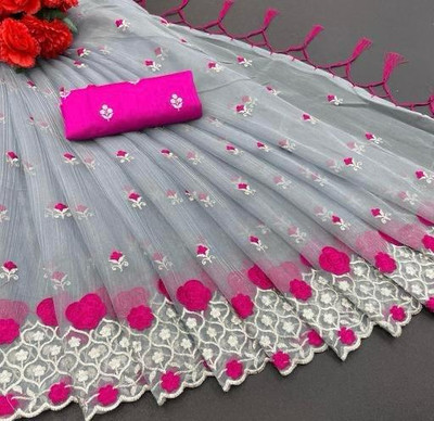 SHREEJITREND Embroidered Banarasi Net Saree(Grey)