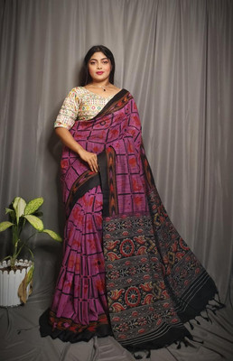 Joyguru Textile Printed Sambalpuri Cotton Blend Saree(Pink)
