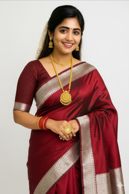 LYANNA Woven, Solid/Plain Banarasi Satin Saree(Brown)