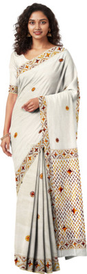 SHRISTI CLOTHINGS Embroidered Kantha Tussar Silk Saree(Cream)