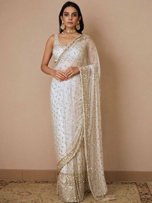 Peachmode Embellished Bollywood Net Saree(White)