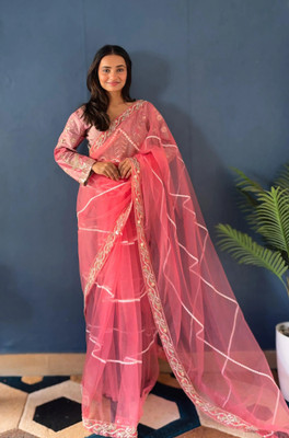 Tasrika Embroidered Bollywood Net Saree(Pink)