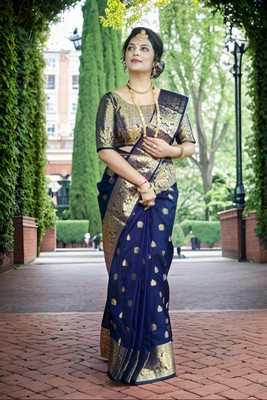 AGV Woven Bollywood Crepe, Silk Blend Saree(Dark Blue)