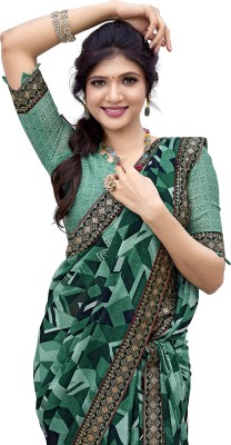 Priyashi Printed Daily Wear Georgette, Lace Saree(Green)