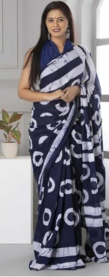 RAMNATHS Printed, Blocked Printed, Hand Painted Hand Batik Pure Cotton Saree(Blue, White)