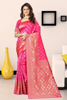 SPOTXY Woven Kanjivaram Silk Blend Saree(Pink)