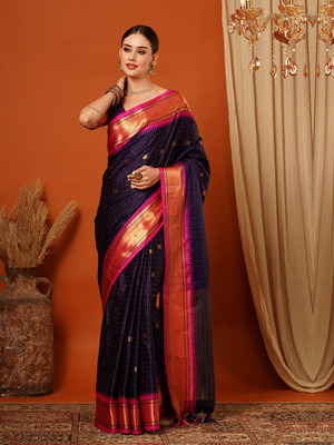 HouseOfCommon Woven, Checkered, Self Design, Embellished Dharmavaram Cotton Silk, Jacquard Saree(Dark Blue, Pink, Gold)