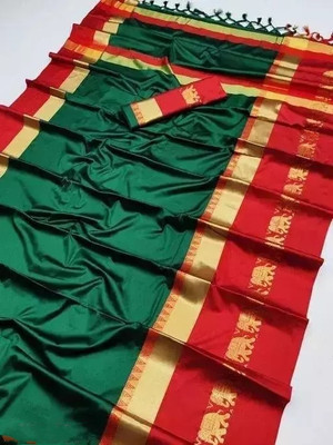 Mortal Textile Solid/Plain Handloom Cotton Silk Saree(Dark Green)