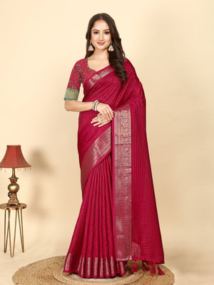 J6 Designers Checkered Assam Silk Art Silk Saree(Red)