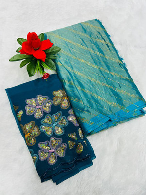 KANDORA Floral Print Daily Wear Brasso Saree(Light Blue)