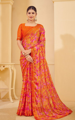 Durga Emporio Floral Print Bollywood Chiffon Saree(Orange)