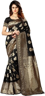 Shoppershopee Woven Kanjivaram Silk Blend Saree(Black)