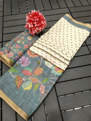 PRTRENDZ Printed Kanjivaram Pure Cotton, Cotton Linen Saree(Multicolor)