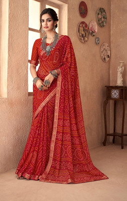 Swarne Printed Bandhani Chiffon Saree(Red)
