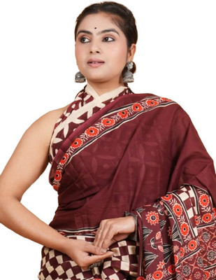 Shree Shyam Floral Print, Checkered Banarasi Cotton Blend Saree(Maroon)