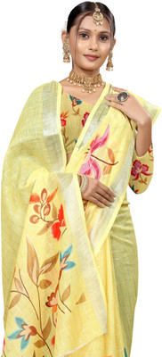 Gajal Printed Kanjivaram Pure Cotton, Cotton Linen Saree(Yellow)