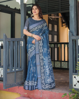 DHAYNAAND REEWA FASHION Floral Print Kanjivaram Linen Saree(Dark Blue)