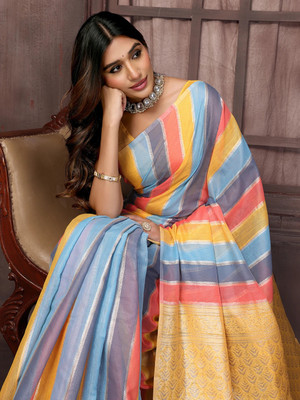 Janasya Woven, Self Design, Striped Banarasi Silk Blend Saree(Multicolor)