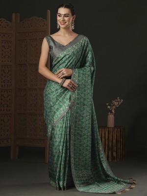 Sareemall Printed Sambalpuri Silk Blend Saree(Dark Green)