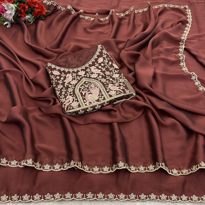 niesha fashion Embroidered Bollywood Chiffon Saree(Brown)