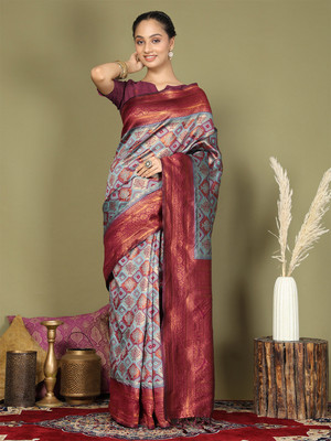 PANZORA Woven Patola Silk Blend Saree(Light Blue)