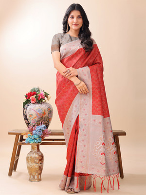 ASTITA Self Design Saree with Attached Blouse Silk Blend Saree(Red)