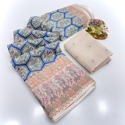 SDGRATITUDE Printed Banarasi Linen, Cotton Linen Saree(Blue)
