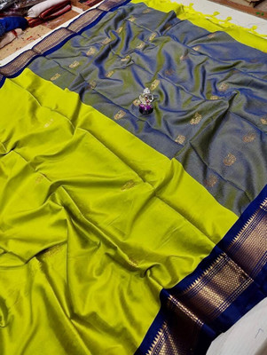 EBAAD TEXTILE Woven Paithani Cotton Silk Saree(Light Green, Dark Blue)