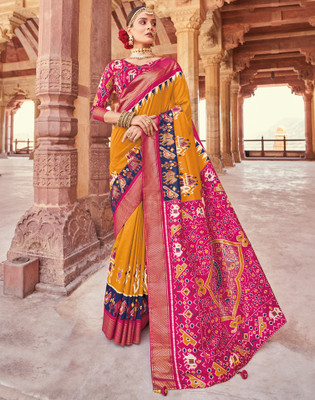 Satrani Printed, Embellished Patola Silk Blend Saree(Mustard, Multicolor)