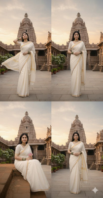 Gugaliya Printed Kasavu Pure Cotton Saree(Cream)
