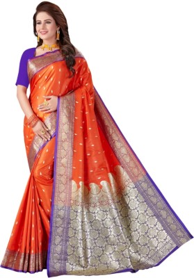 Dulhan Collection Self Design, Embroidered Banarasi Pure Silk Saree(Blue, Orange)