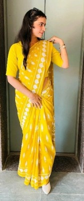 Shiv Clothing Printed Ikkat Pure Cotton Saree(Yellow)