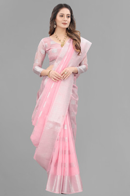 KRESVA Solid/Plain, Woven, Self Design Bollywood Cotton Linen Saree(Pink)