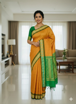 ajmera fashion Temple Border Sambalpuri Nylon Saree(Gold)