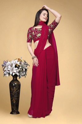 saanvi Solid/Plain, Self Design Bollywood Georgette Saree(Red)
