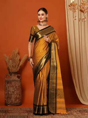 Divastri Self Design Banarasi Silk Blend Saree(Mustard, Black)