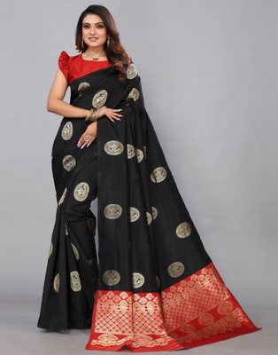 Satrani Woven, Embellished Dharmavaram Jacquard, Pure Silk Saree(Red, Black)