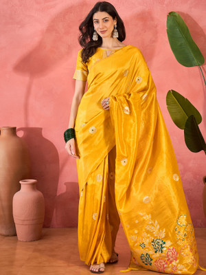 Sangria Self Design Saree with Attached Blouse Silk Blend Saree(Yellow)