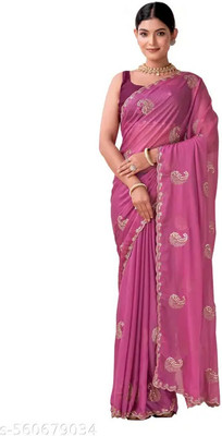 LAJEELEE Embroidered Bollywood Silk Blend Saree(Pink)