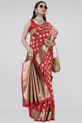 MIRCHI FASHION Woven, Embellished Banarasi Silk Blend Saree(Red)