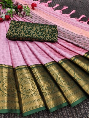 Miswa Woven Banarasi Cotton Silk, Art Silk Saree(Pink, Green)