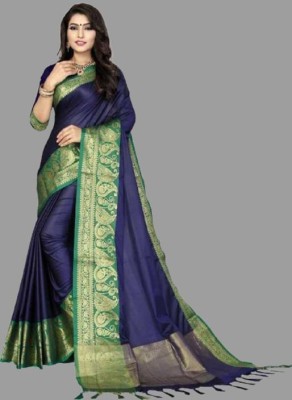 HouseOfCommon Woven Bollywood Jacquard, Cotton Silk Saree(Blue)