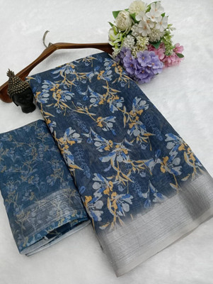 Bhagwati Creation Digital Print, Printed Bollywood Cotton Linen Saree(Dark Blue)