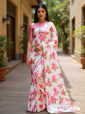 SHREESHA ENTERPRISE Floral Print Bollywood Satin Saree(Pink)