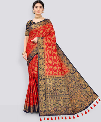 COSBILA FASHION Woven Banarasi Cotton Silk Saree(Red)