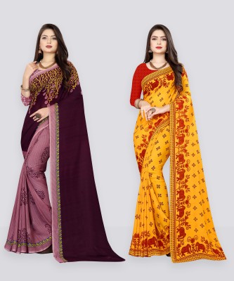 Anand Sarees Printed Daily Wear Georgette Saree(Pack of 2, Purple, Red, Brown, Yellow)